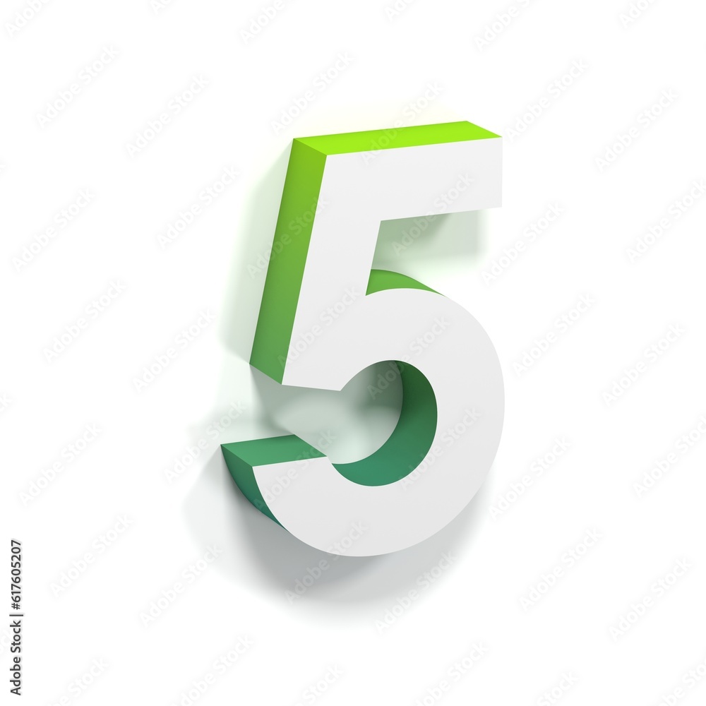 Green gradient and soft shadow number FIVE - 5. 3D render illustration isolated on white background Green gradient and soft shadow number FIVE - 5. 3D render illustration isolated on white background