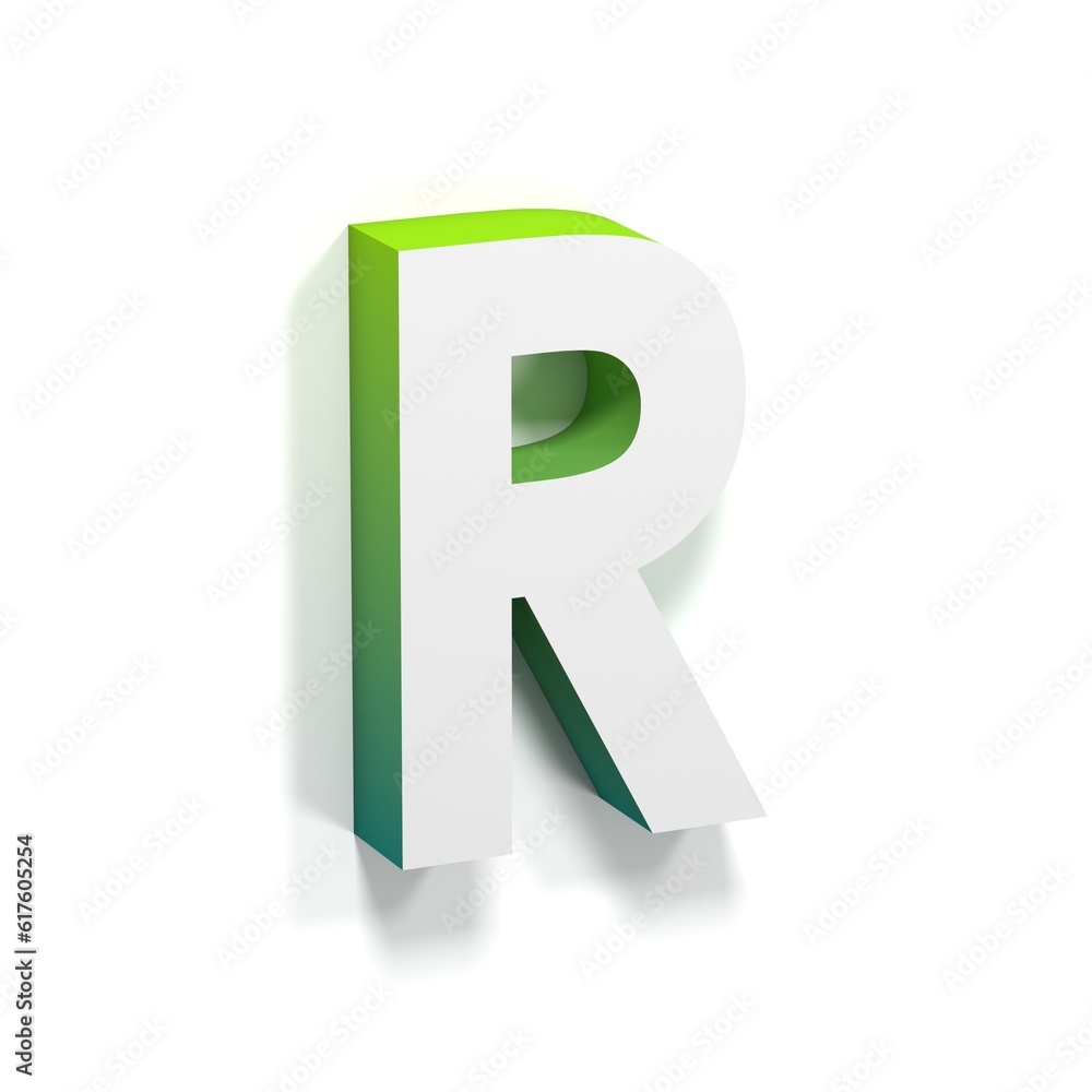 Green gradient and soft shadow font. Letter R. 3D render illustration isolated on white background Green gradient and soft shadow font. Letter R. 3D render illustration isolated on white background