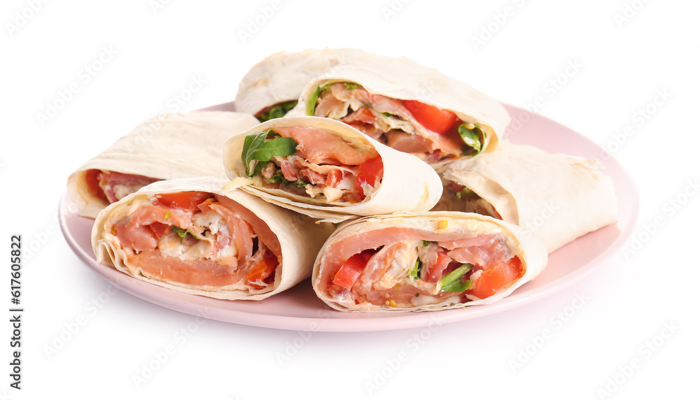 Plate of tasty lavash rolls with fish isolated on white background