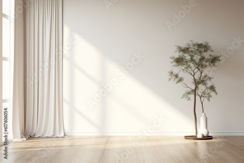 Room Empty Background A Plant Mockup interior room with curtain an plant in front. clean white room minimal with copy space banner Generative AI