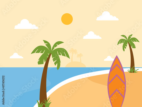 Summer illustration a beautiful beach. Vector illustration. Summer time background