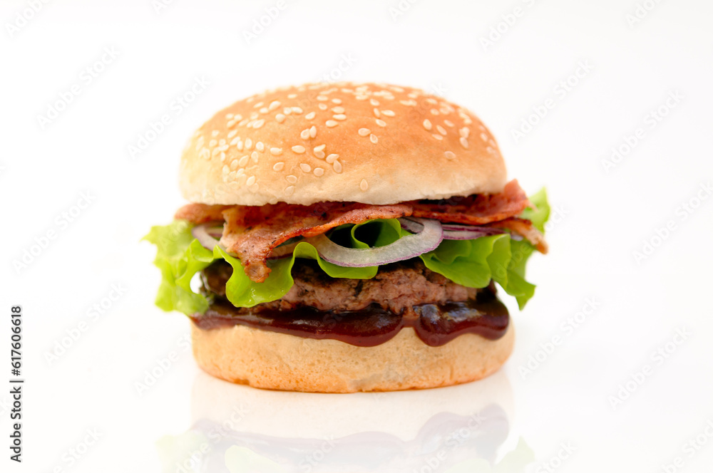 Fresh delicious burger whith bacon and salad isolated