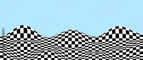 Wavy checkered pattern on blue background. black and white curved warped chessboard floor. Trippy undulate squares texture surface. Landscape terrain concept. Vector optical illusion wallpaper.