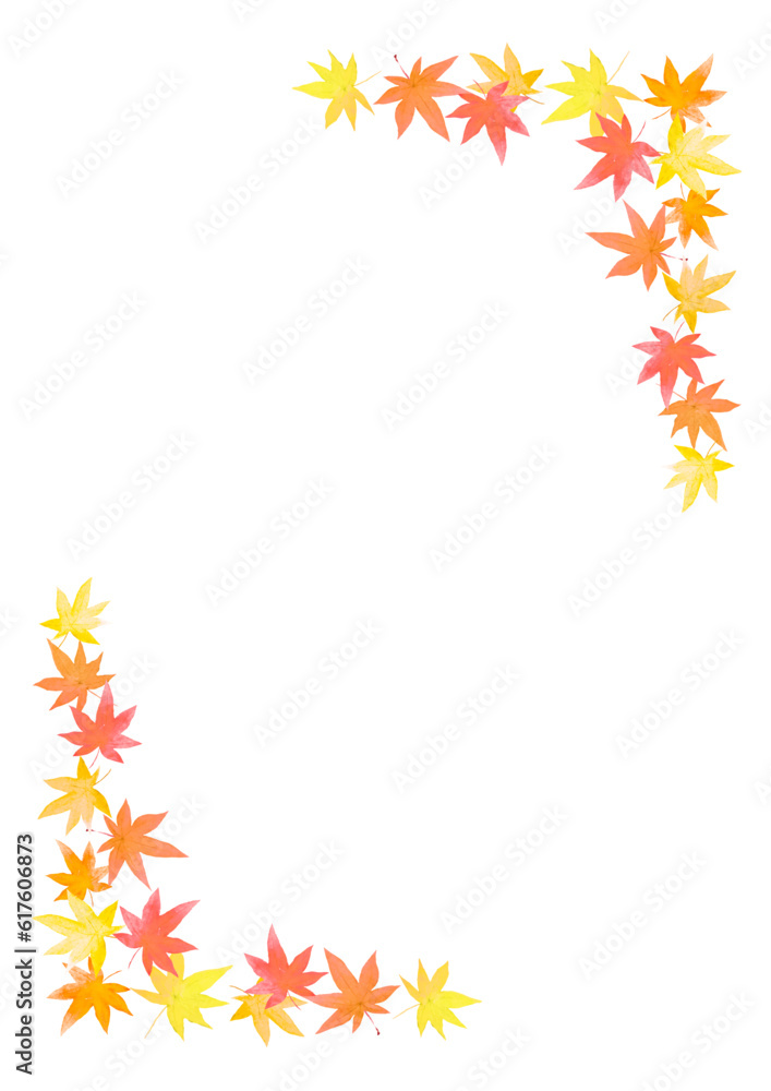 水彩で描いた秋のもみじのフレーム　縦デザイン　A4