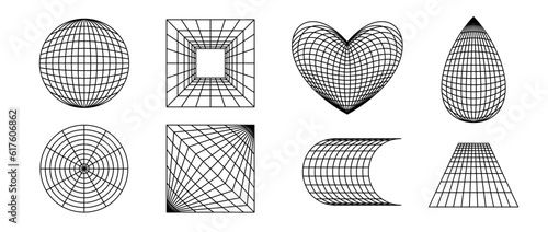 Wireframe forms set. Geometric surface grid of different shape. Distorted perspective planes and objects pack. Vector cube, sphere, heart, drop element bundle for posters, flyers, collages, templates 