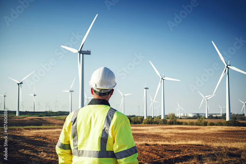 Back view of an engineer looking at wind turbines in the field, Generative AI