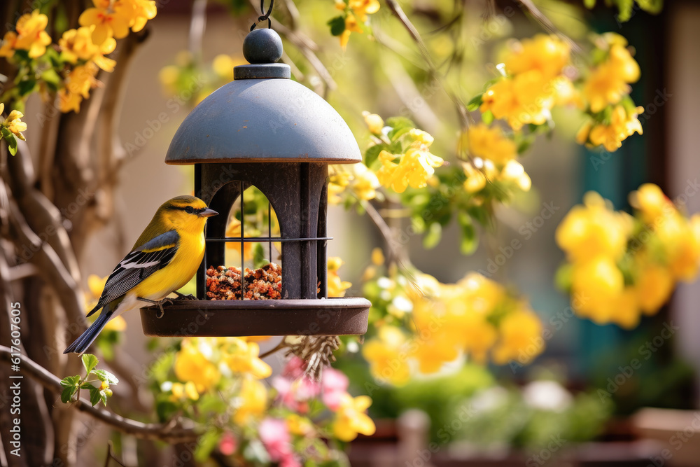 A bird sitting on top of a garden feeder