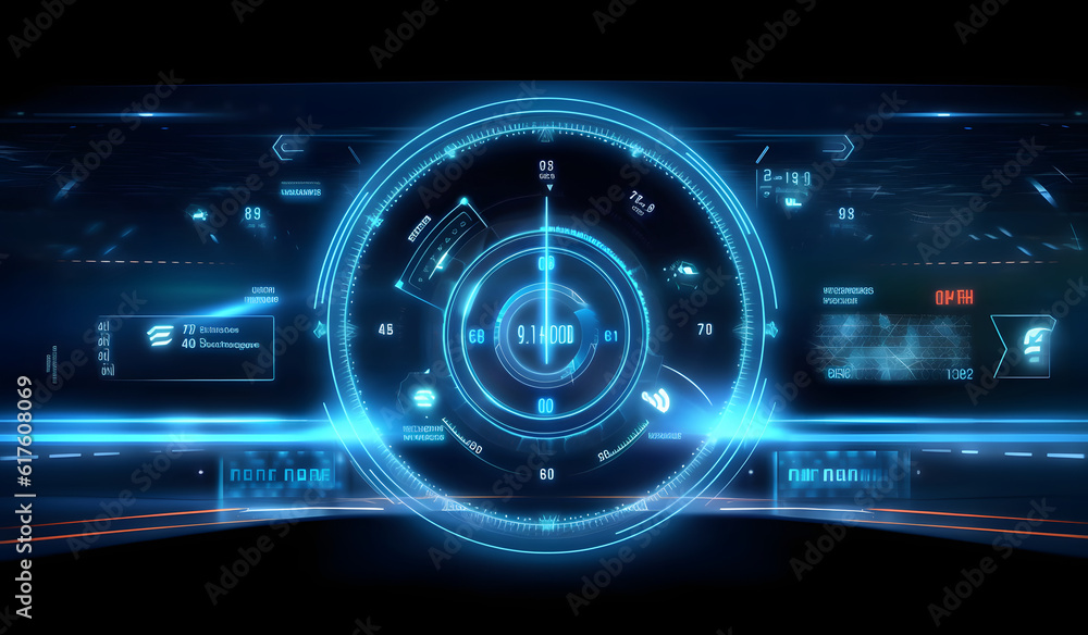 Automotive HUD elements frame. User Interface, frame screens. Callouts titles, computing, and circle percent vitality innovation on hi-tech neon wireframe background