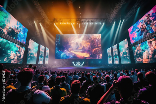 Papier peint esports arena, filled with cheering fans and colorful LED lights