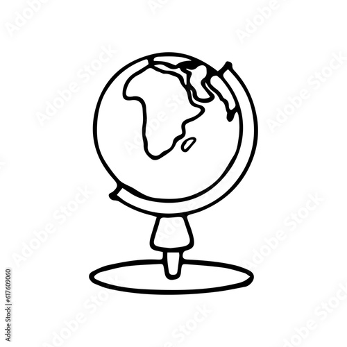 Hand drawn doodle school globe on a stand. Element for the education and study of geography. Isolated on white background.