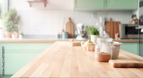 Wooden empty countertop in modern light green kitchen, kitchen panel in interior. Template showcase scene for advertising products