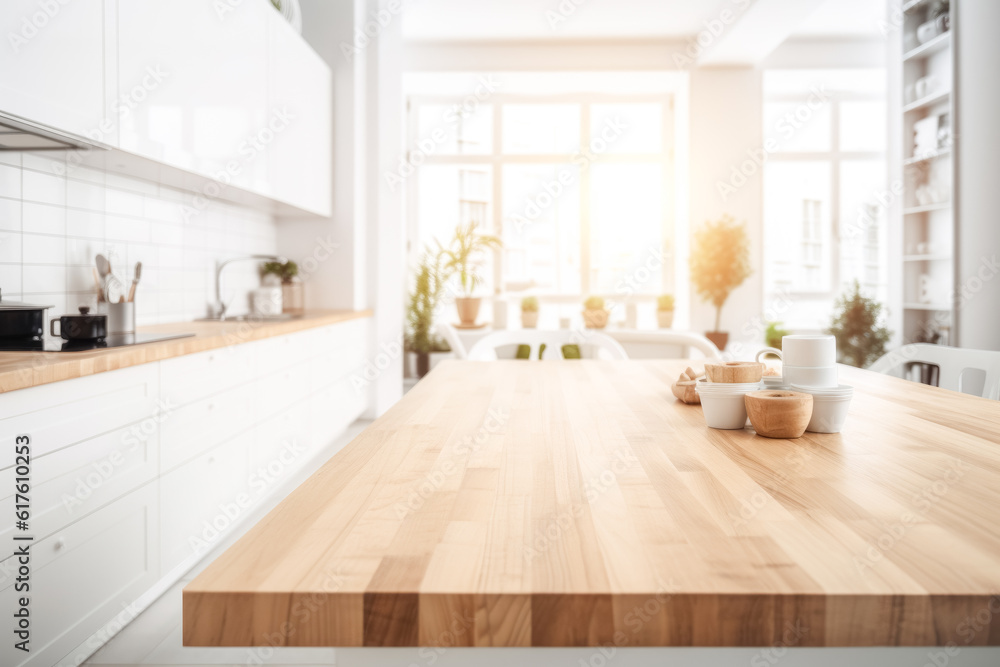 Wooden light empty table top in modern white kitchen, kitchen panel in interior. Template showcase scene for advertising products - obrazy, fototapety, plakaty 