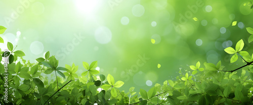 Natural macro leaf bokeh texture, panoramic springtime Fresh young grass in nature in the rays of sunlight with beautiful sparkling bokeh leaves banner