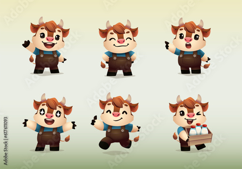 Fototapeta Naklejka Na Ścianę i Meble -  Animal farm milk Cow mascot character collection set