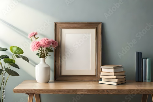 interior designs with table  lamp  and books with vase of flowers Generative Ai