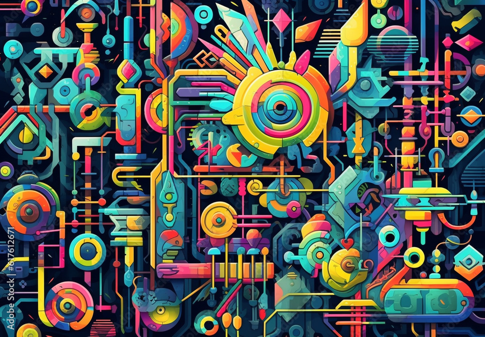 Bursting with vibrant colors and intricate details, an abstract doodle mesmerizes with display of colorful abstract art and intricate lines. Generative AI.