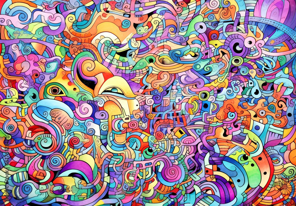 Bursting with vibrant colors and intricate details, an abstract doodle mesmerizes with display of colorful abstract art and intricate lines. Generative AI. Bursting with vibrant colors and intricate details, an abstract doodle mesmerizes with display of colorful abstract art and intricate lines. Generative AI.