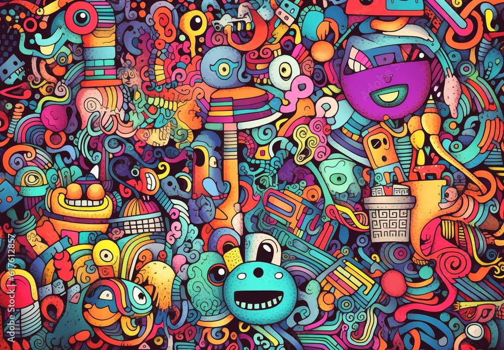 Fototapeta premium Bursting with vibrant colors and intricate details, an abstract doodle mesmerizes with display of colorful abstract art and intricate lines. Generative AI.