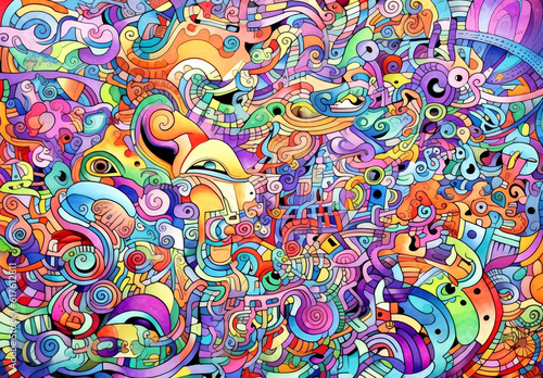 Bursting with vibrant colors and intricate details, an abstract doodle mesmerizes with display of colorful abstract art and intricate lines. Generative AI.