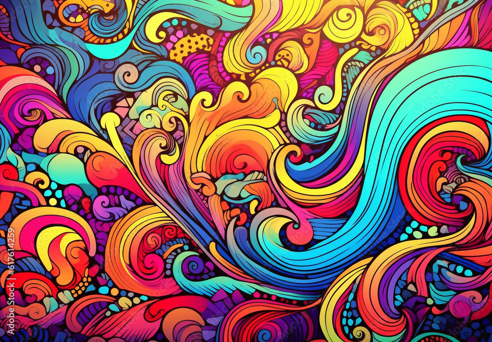 doodle style lines evoke the mesmerizing patterns of rolling sea waves or vibrant clouds in the colorful sky, creating a captivating visual experience. Generative AI.