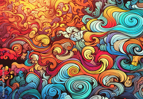 doodle style lines evoke the mesmerizing patterns of rolling sea waves or vibrant clouds in the colorful sky  creating a captivating visual experience. Generative AI.