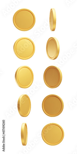 Set of blank golden coins from different views 3D rendering. Floating currency. Payment, investment, bank, finance, money symbols isolated on white background