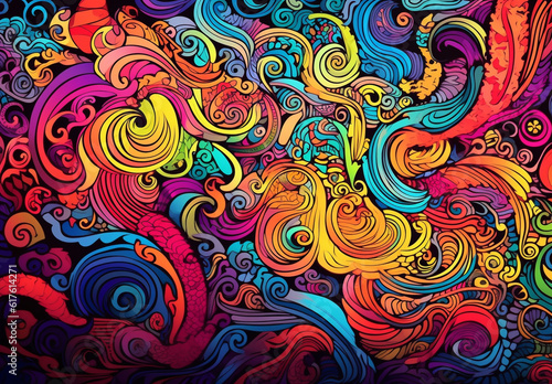 doodle style lines evoke the mesmerizing patterns of rolling sea waves or vibrant clouds in the colorful sky, creating a captivating visual experience. Generative AI.