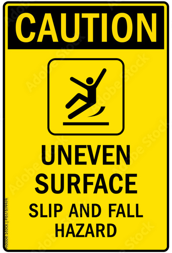 Slip and trip hazard sign and labels uneven surface