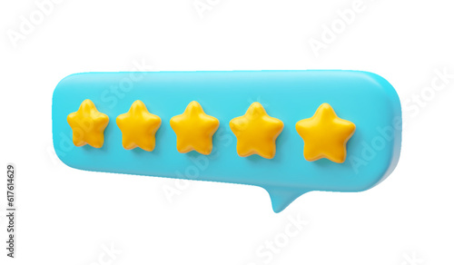 Positive feedback blue speech chat bubble 3d realistic. Conversation balloon with five golden stars. Social network rating, best service satisfaction, positive user experience vector illustration