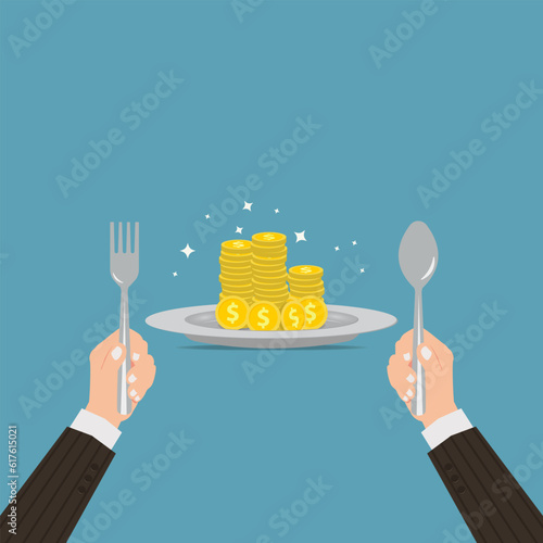 Businessman eating coins in the dish design vector illustration