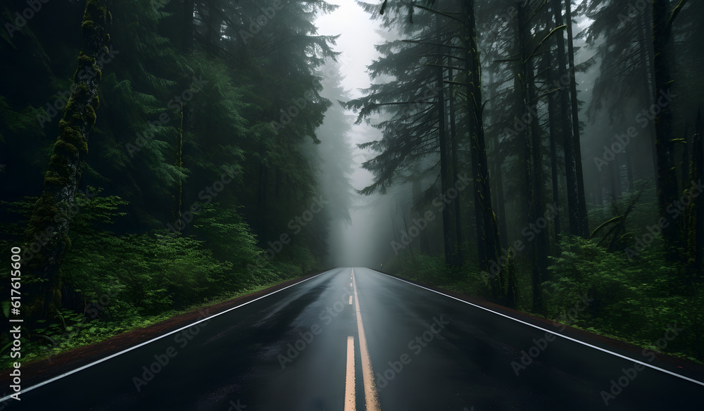 Fototapeta premium A dark empty two-lane quiet foggy road