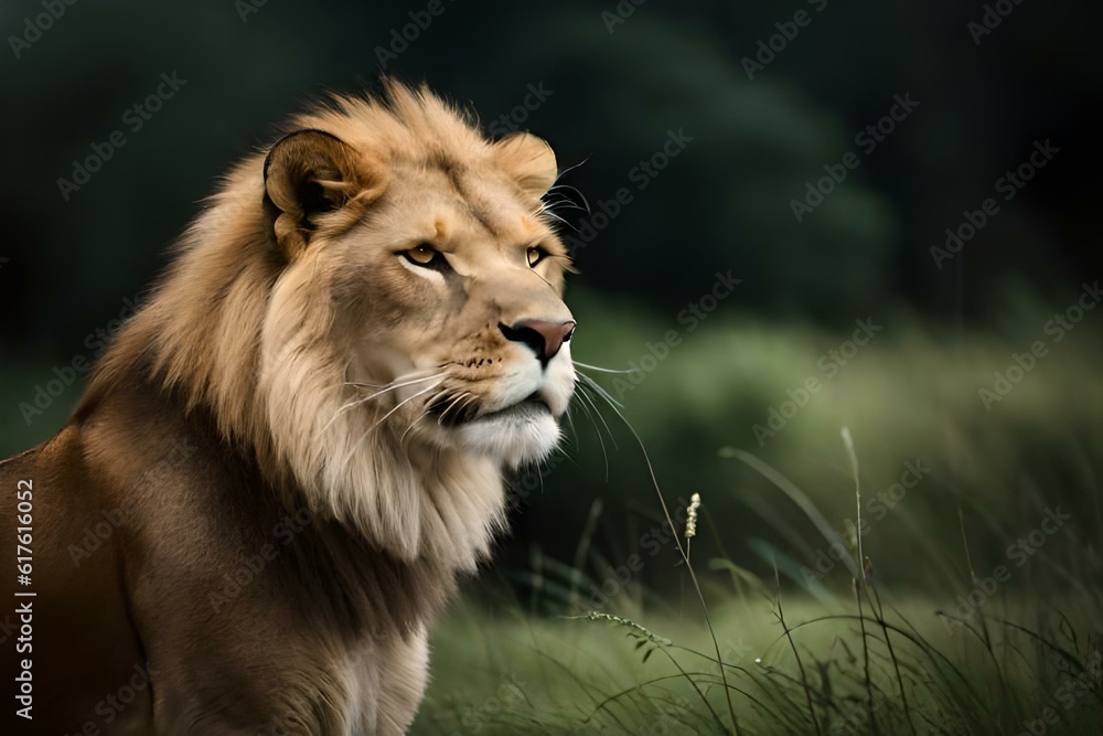 Powerful male king lion with dark back ground  generated by AI tool