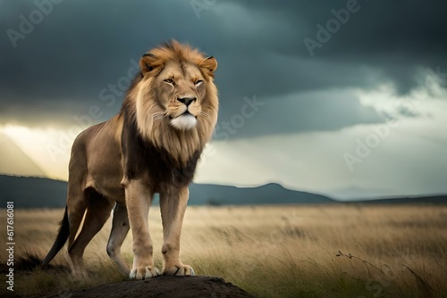 Powerful male king lion with dark back ground generated by AI tool