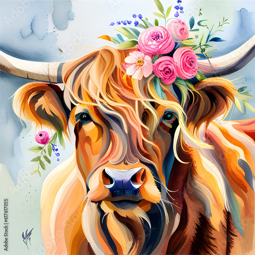 Beautiful watercolor highland cow with flowers on her heand floral headboard  photo