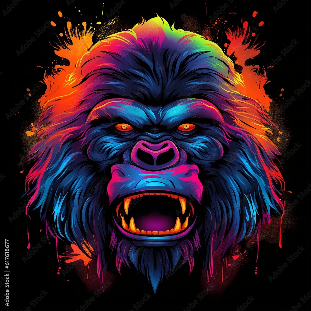 Head of colorful alpha gorilla with black background generated by AI