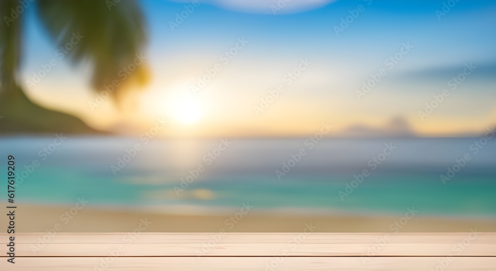 Wooden table product with blurred beach background. Wooden table product with blurred beach background.