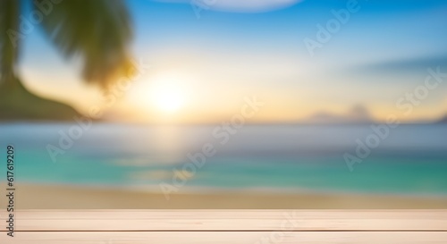 Wooden table product with blurred beach background.