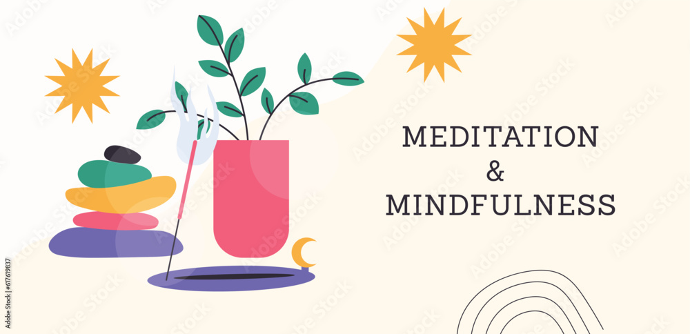 Meditation and mindfulness banner with a candle and a insence. Meditation and mindfulness banner with a candle and a insence.