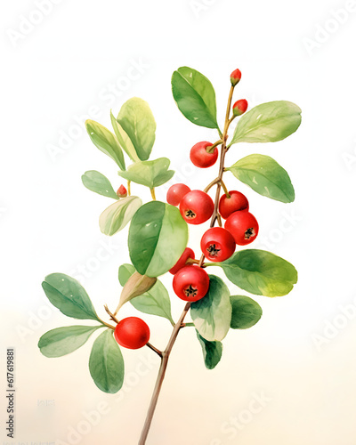 Watercolor cowberry with leaves isolated