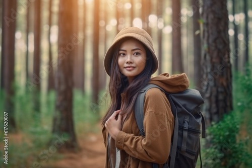 Beautiful Asian backpacker traveling alone in the forest. Attractive young female tourist looks around and explores while walking in the natural forest with joy and fun during holiday trip.