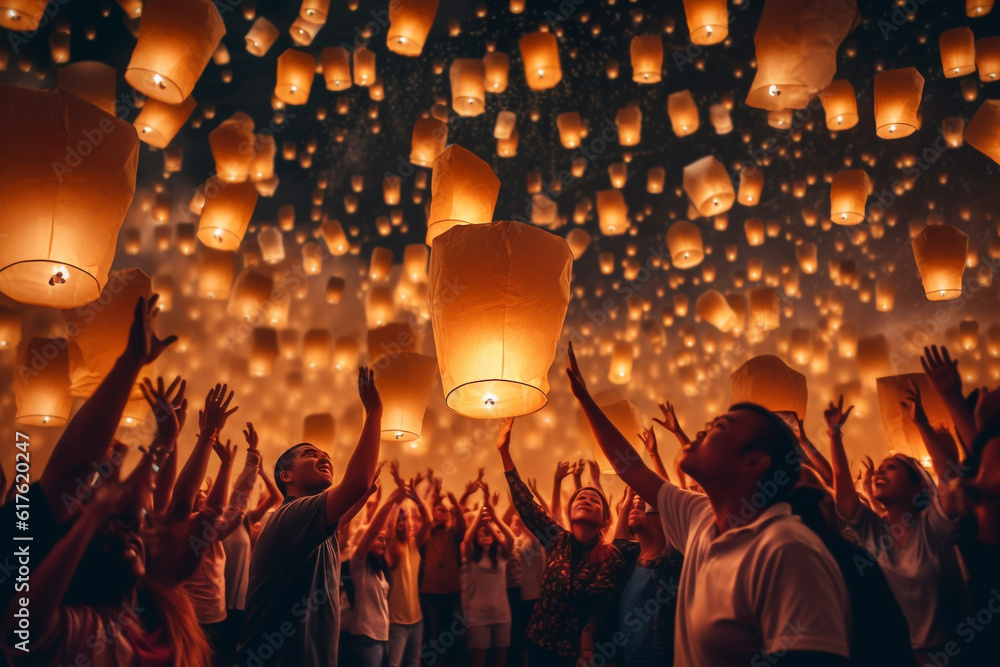 Asian people releasing white paper lanterns into the night sky
