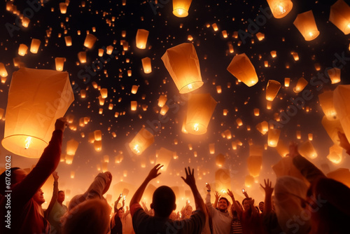 Asian people releasing white paper lanterns into the night sky, creating a breathtaking spectacle at the Sky Lantern Festival. Generative AI.