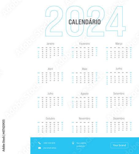 Calendário 2024 vertical português vetor ilustração formato A2 para empresas e escritórios
