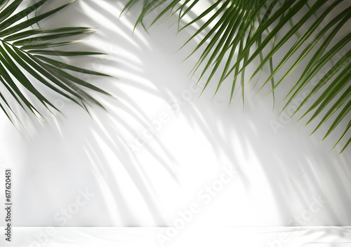 Summer green leaves of coconut palm and shadow, White space background texture with coconut leaf with soft shadows