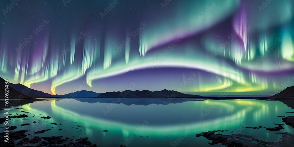 The aurora lights are reflected in the water created with Generative AI technology