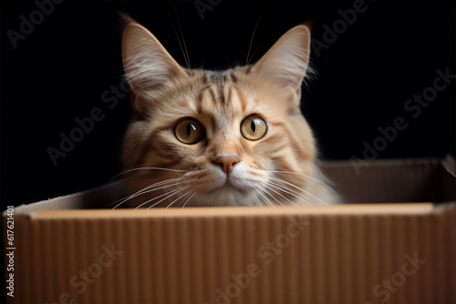 a cute cat hiding in a cardboard box