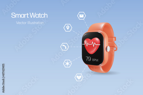 3D smart watch, wrist watch with medical heart beat for fitness tracker and multimedia apps networking, wearable technology. Vector.