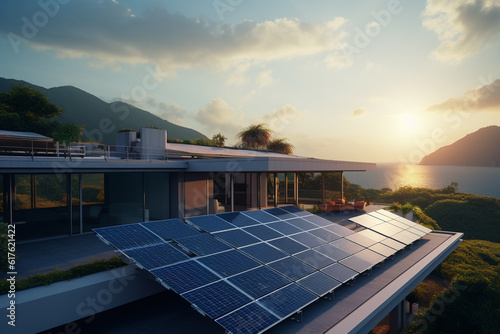 Illustration of a residential unit with solar panels on the roof.  Generative AI.  © Jeff Whyte