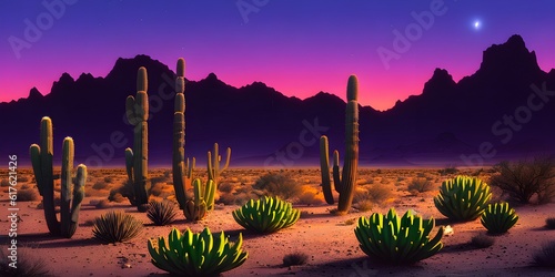 A desert scene with cacti and mountains in the background created with Generative AI technology