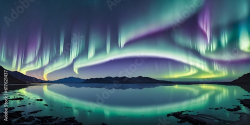 The aurora lights are reflected in the water created with Generative AI technology © Chris